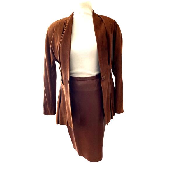 Vintage Spitalnick 1980s Brown Suede Peplum Blazer & Leather Skirt Suit RARE - Picture 10 of 10